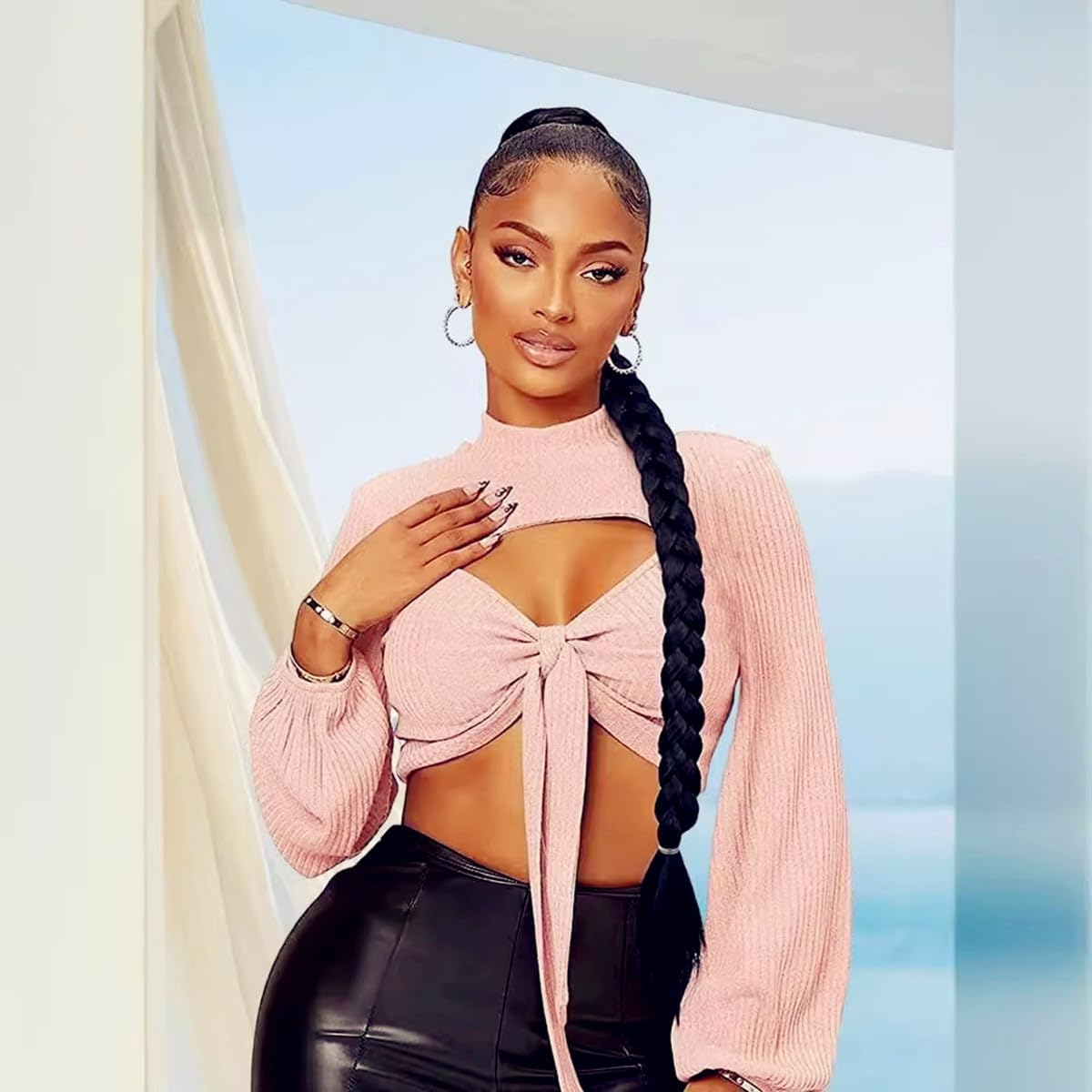 31 Inch Long Braided Ponytail Extension with Hair with Tie Straight Wrap around Hair Extensions Pony Tail DIY Natural Soft Synthetic Piece for Women (80Cm, Black) image number 4