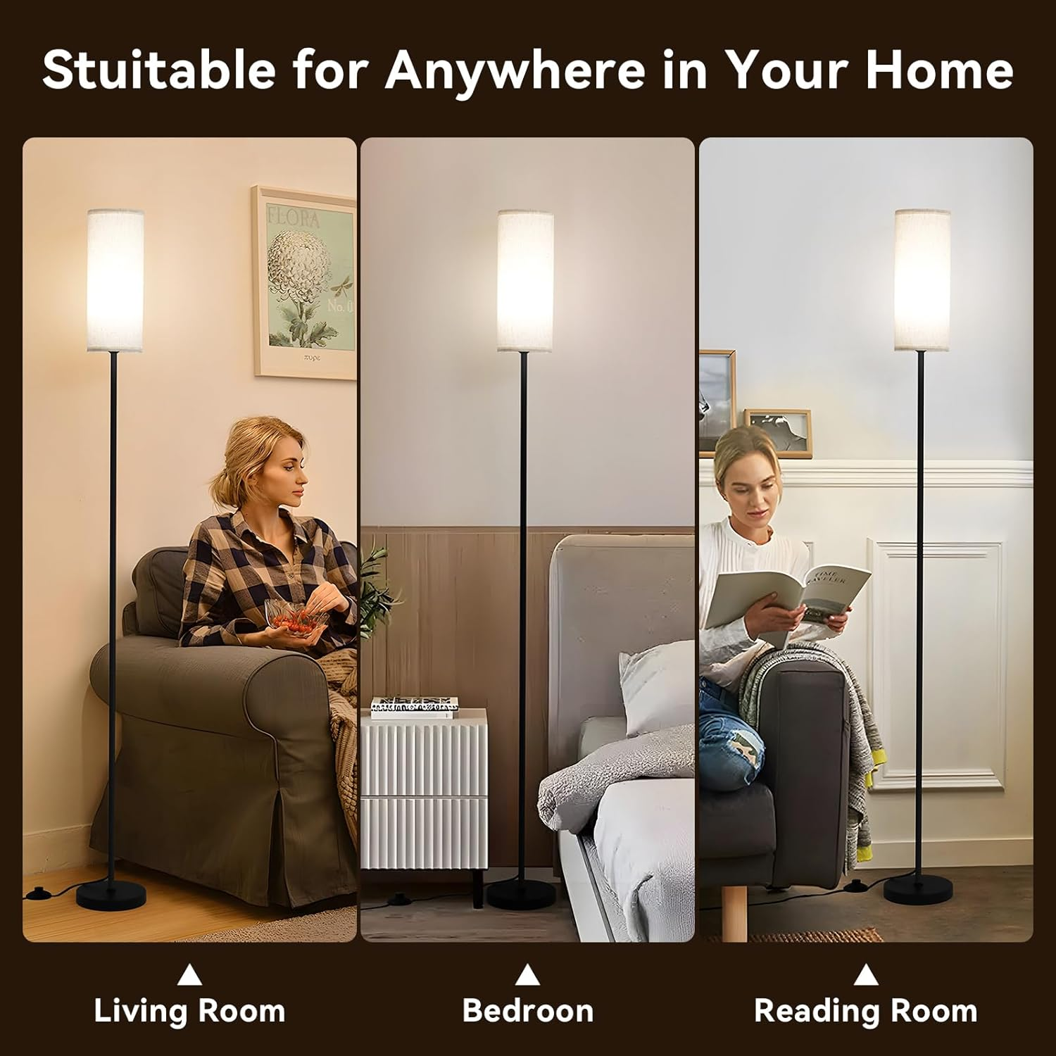 LED Floor Lamp for Living Room,Dimmable Standing Lamps with Foot Switch,3 Color Temperature Black Pole Lamp with Lampshade,Corner Floor Lamp for Bedroom Office Kid Room image number 2