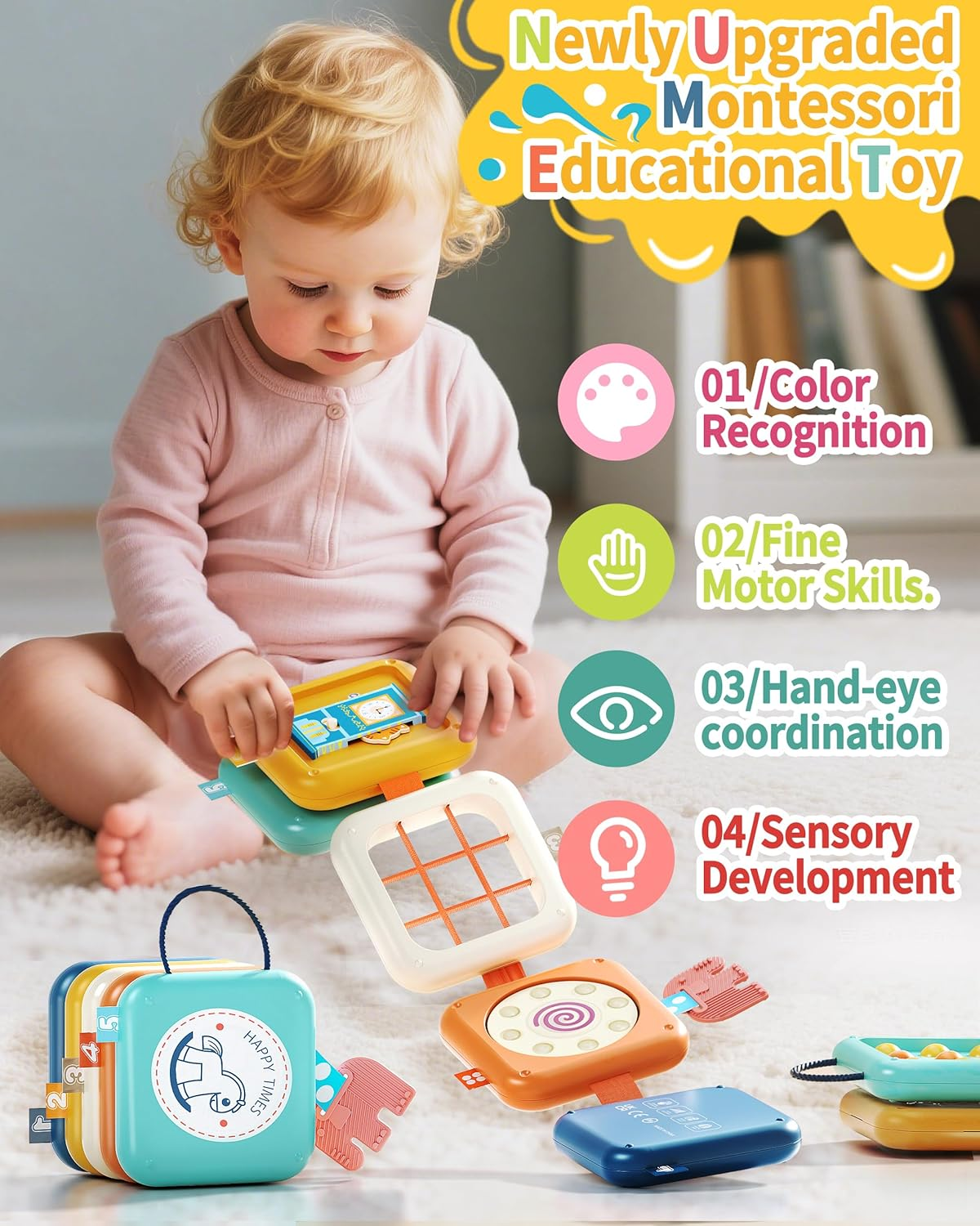 Busy Board for 1 Year Old, Travel Toys for Toddlers 1-3, 8 in 1 Montessori Activity Cube Toy for Babies in Airplane Car Stroller, Sensory Education Birthday Gifts for 1 2 Year Old Boy Girl Infant image number 3