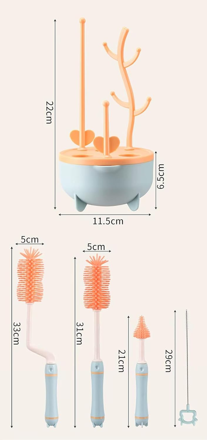 Hercules Bear 5-In-1 Baby Bottle Cleaning Brush Kit, Silicone Bristles, Nipple, Straw, Drying Rack, 5 Cm, Pink image number 5