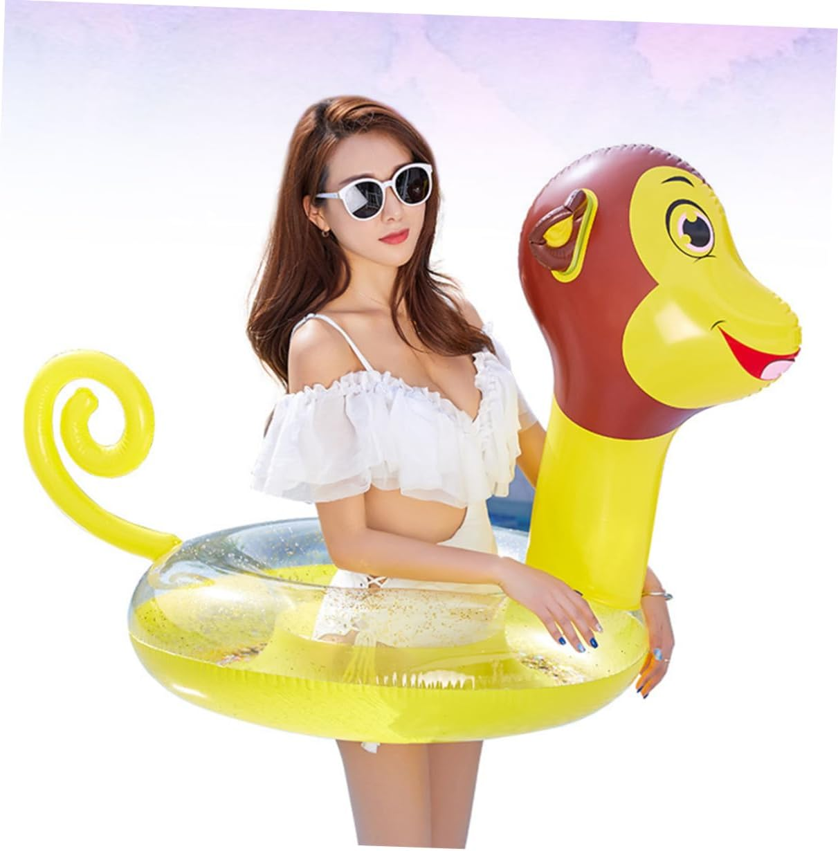 KICHOUSE Inflatable Swimming Ring for Adults, Thickened PVC Cartoon Monkey Pattern Swim Ring with Sequins, Summer Water Playing Float for Pool and Beach Fun