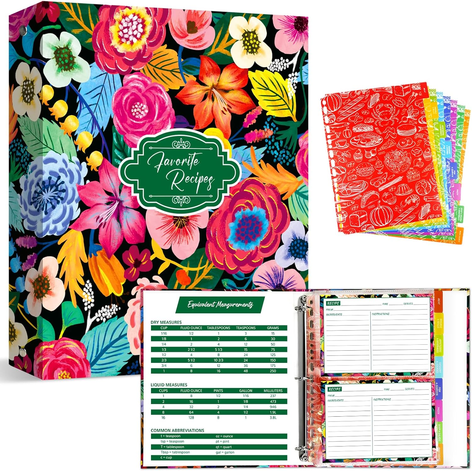 Recipe Binder, 8.5 X 11 Inch 3 Ring Recipe Binder Kit with 50 Plastic Sleeves Protectors, 100 Packs 5X7 Inch Recipe Cards & 8 Category Divider Tabs, Organizer Set Watercolor Floral in Blue Design (XL)