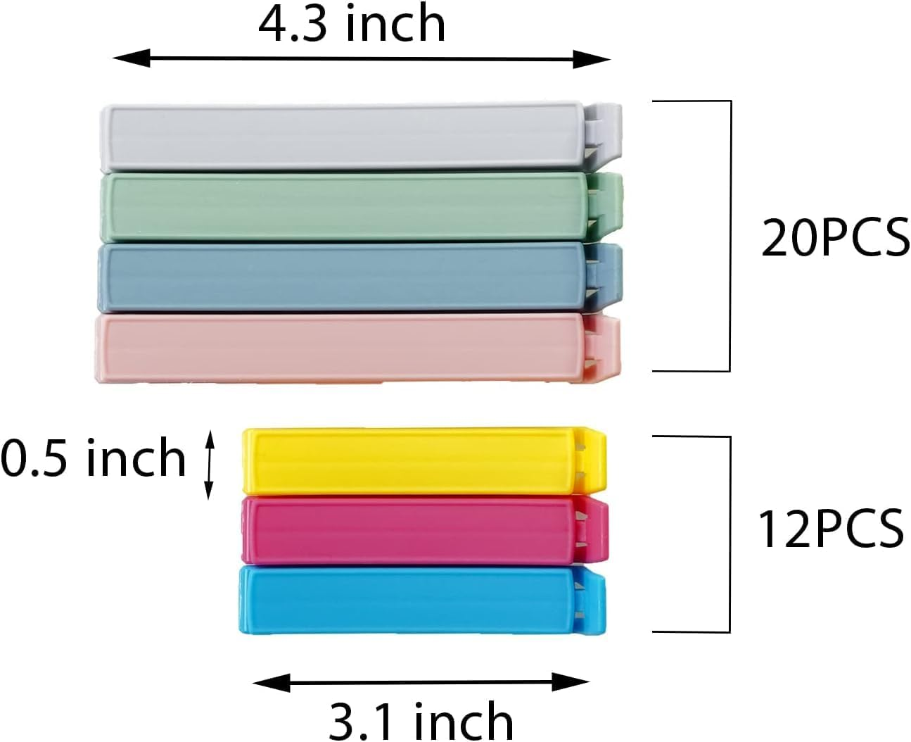 32 PCS Plastic Chip Clips for Food Packages, Curved Design Sealing Bag Clips for Food, Kitchen and Home, 2 Sizes(4.3Inch X 20, 3.1Inch X 12) image number 3