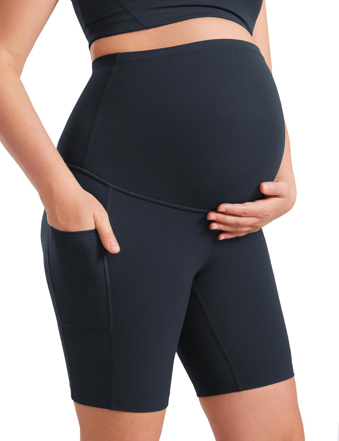 CRZ YOGA Womens Butterluxe Maternity Yoga Biker Shorts with Pockets 8" - over the Belly Pregnancy Workout Athletic