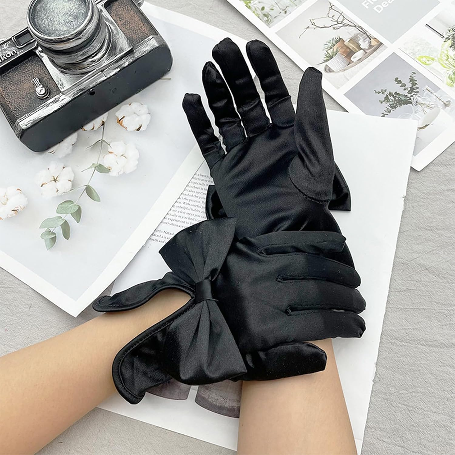 Lopsity Women Black Satin Gloves Wrist Length Gloves Bridal Gloves Tea Party Gloves Costume 1920S for Wedding Opera Dinner Party image number 4