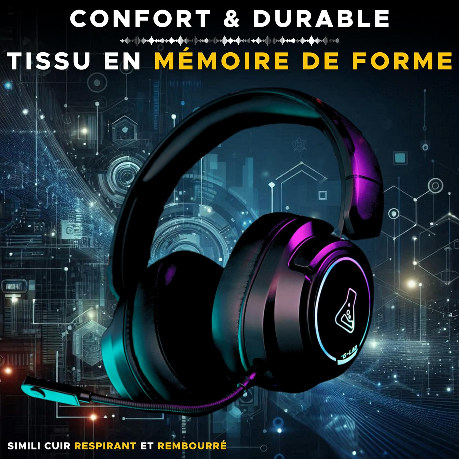 The G-Lab Korp Iridium - Gaming Headset Wireless 2.4Ghz & Bluetooth Audio Detachable Microphone 45 Hours Battery Life RGB Earbuds Faux Leather - Gaming Headset PS5 PS4 PC