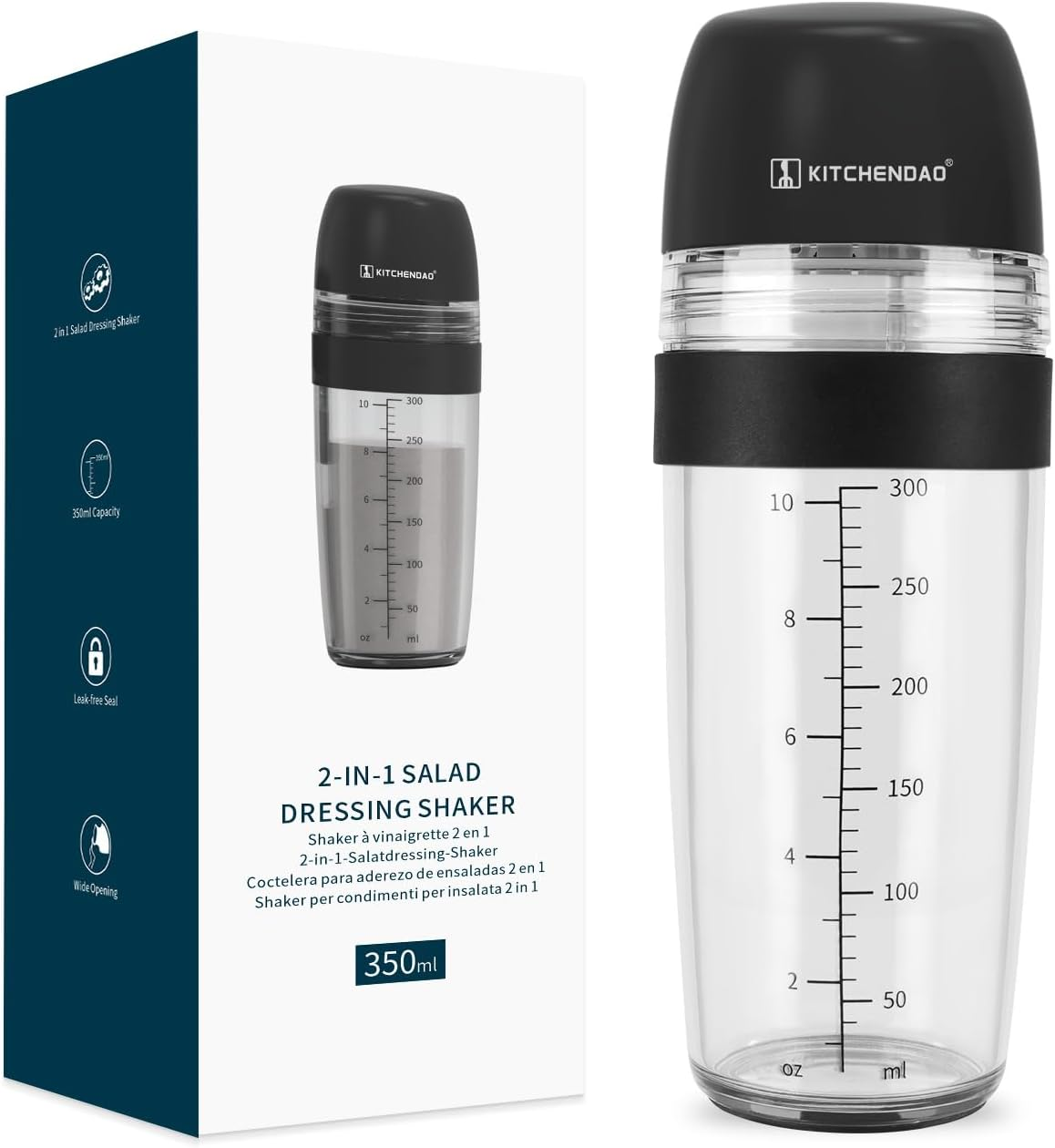 KITCHENDAO 2 in 1 Salad Dressing Shaker Container with Juicer, Pour Spout, Leakproof, Dishwasher Safe, BPA Free, Travel Homemade Oil and Vinegar Salad Dressing Bottle Mixer Dispenser, 1-1/2 Cups