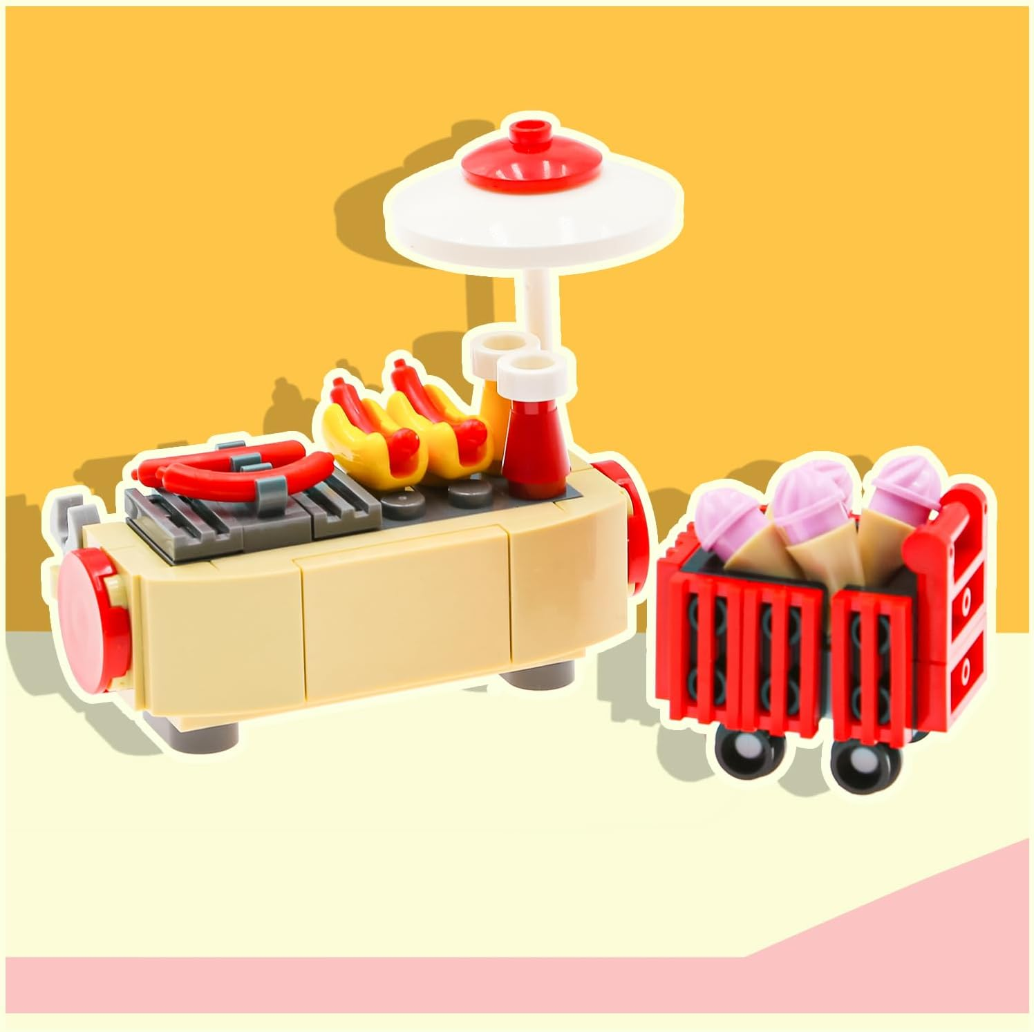 190Pcs City-Supermarket-Kitchen Bricks Compatible with Major Brands Fruits-Apple Ice-Cream-Sundae-Capcake-Sweet Cones Turkey-Chicken-Hotdog-Shopping-Trolley Diy-Picnic-Toys for Kids