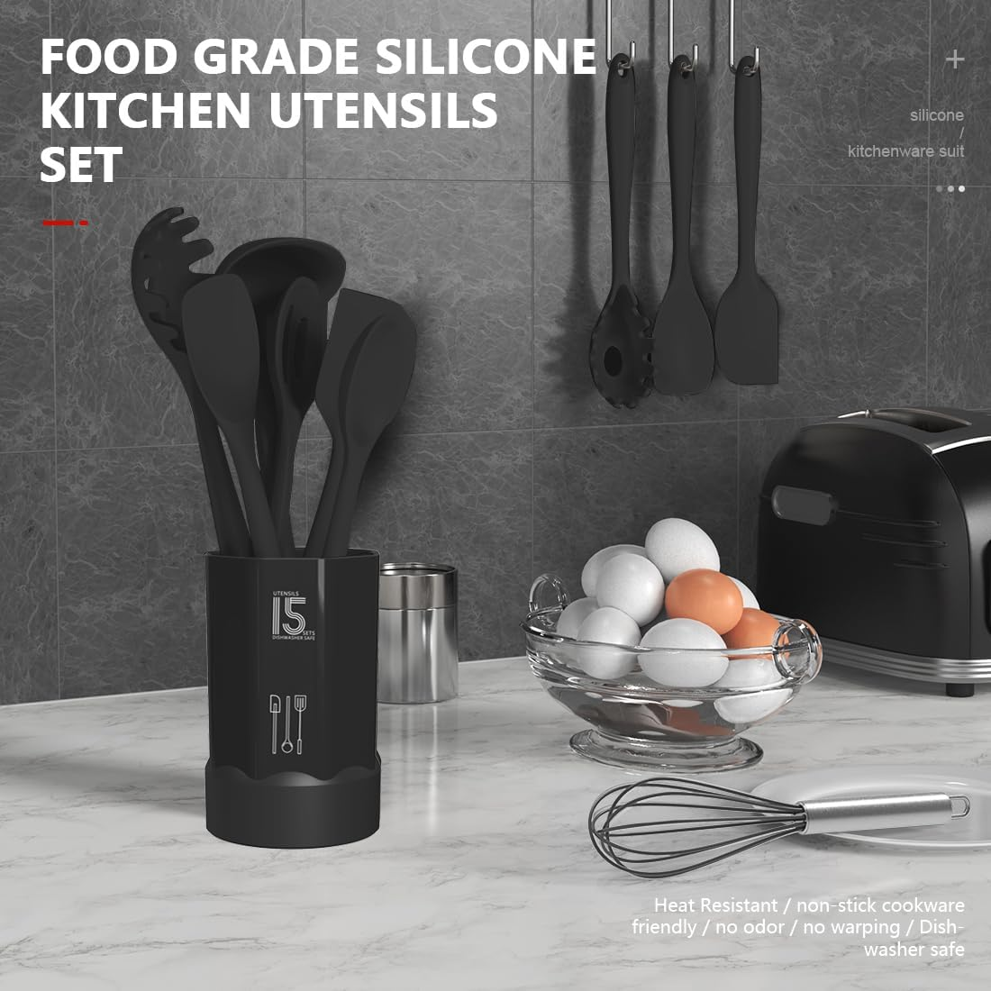 Silicone Cooking Utensils Set - 446&deg;F Heat Resistant Kitchen Utensils,Turner Tongs,Spatula,Spoon,Brush,Whisk.Kitchen Utensil Gadgets Tools Set for Nonstick Cookware.Dishwasher Safe (BPA Free) - Black image number 3