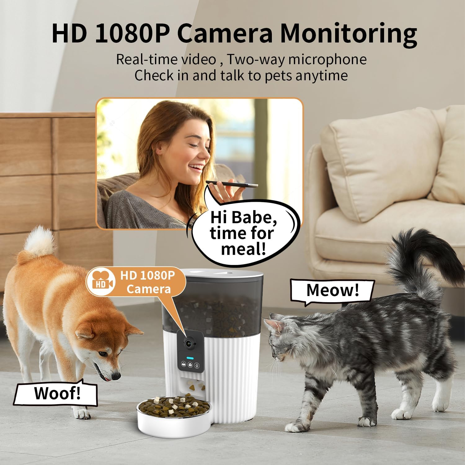 Arasyleon 6L Smart Wifi Pet Feeder with 1080P Camera - Automatic Cat & Dog Food Dispenser with Night Vision & Two-Way Audio image number 3