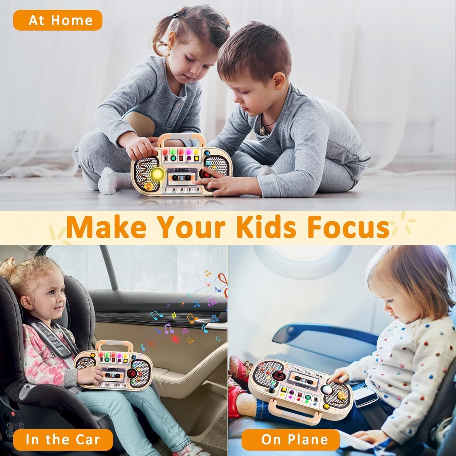 Uandhome Montessori Busy Board Toys for 3 Year Old,Wooden Sensory Sensory Toy with Musical LED Lights Switches Motor Skills Developmental Early Educational Travel Baby Toddler Birthday Gifts image number 3