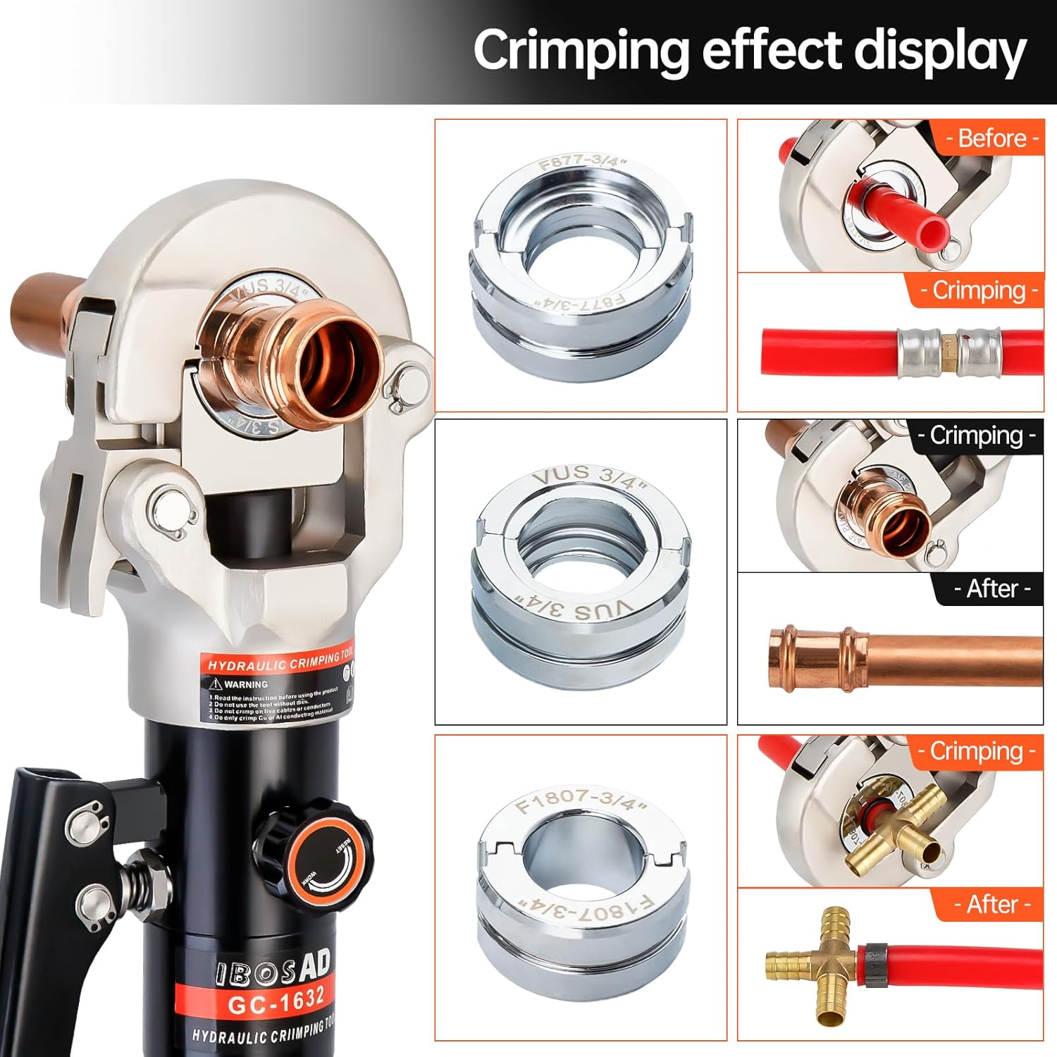 IBOSAD Hydraulic Copper Pipe Tube Fittings Crimping Tool With1/2,3/4,1" Dies for Copper Pipe and F877 Stainless PEX Press Sleeves,3/8",1/2",5/8",3/4",1" Dies for ASTM F1807 Pex Pipe Copper Ring image number 3