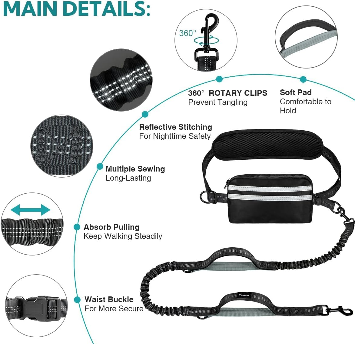 Hands Free Dog Leash with Pouch, Double Leash for Two Dogs, Retractable Bungee with Double Padded Handles, Dog Waist Leash for Dog Walking, Running Leash for Dogs, Dog Walking Accessories image number 2