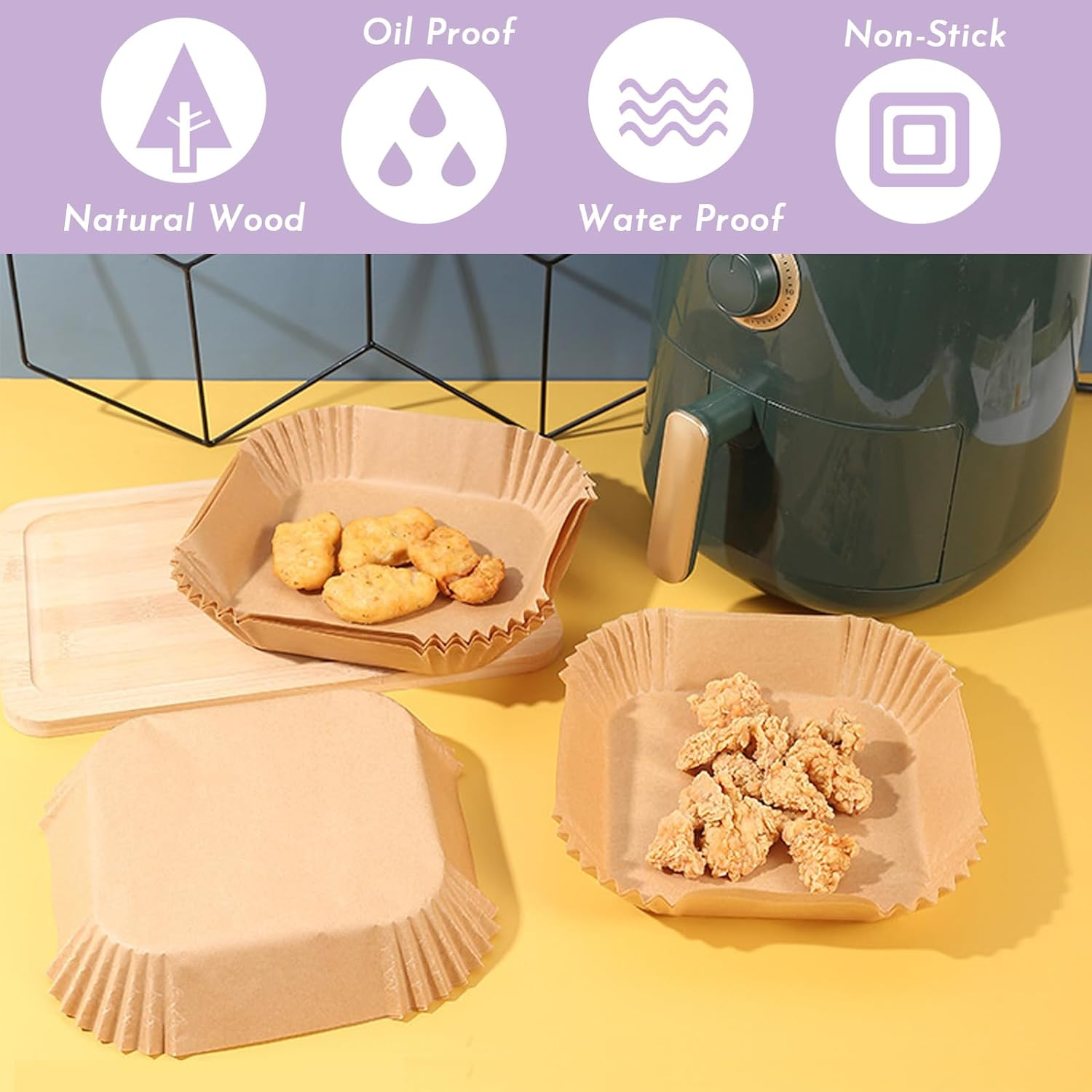 Enkis Air Fryer Liners, 150Pcs Air Fryer Paper Liners Square-9.8Inch/25Cm*4.5Cm, Non-Stick Air Fryer Parchment Liners, Air Fryer Disposable Paper Liner for 5L-7.5L Air Fryer (Large-25Cm) image number 1