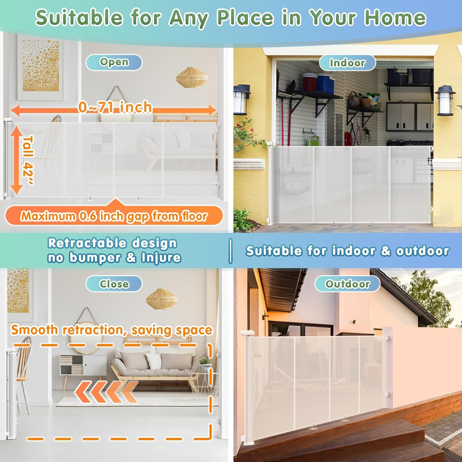 180Cm/70 Wide Retractable Baby Gate Pet Gate with Upgrade Reinforcement Rods,105 Cm/42" Extra Tall Baby Gate Safety Gate, One Handed Operation Retractable Dog Gate for Stairs Indoor image number 6