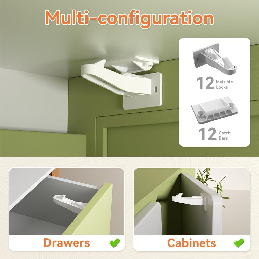 SAFELON 12 Pcs Baby Safety Cabinet Locks Childproof Drawer Locks with Screws, Kids Latch for Drawers and Cabinets, Works with Most Cabinets and Drawers. image number 6