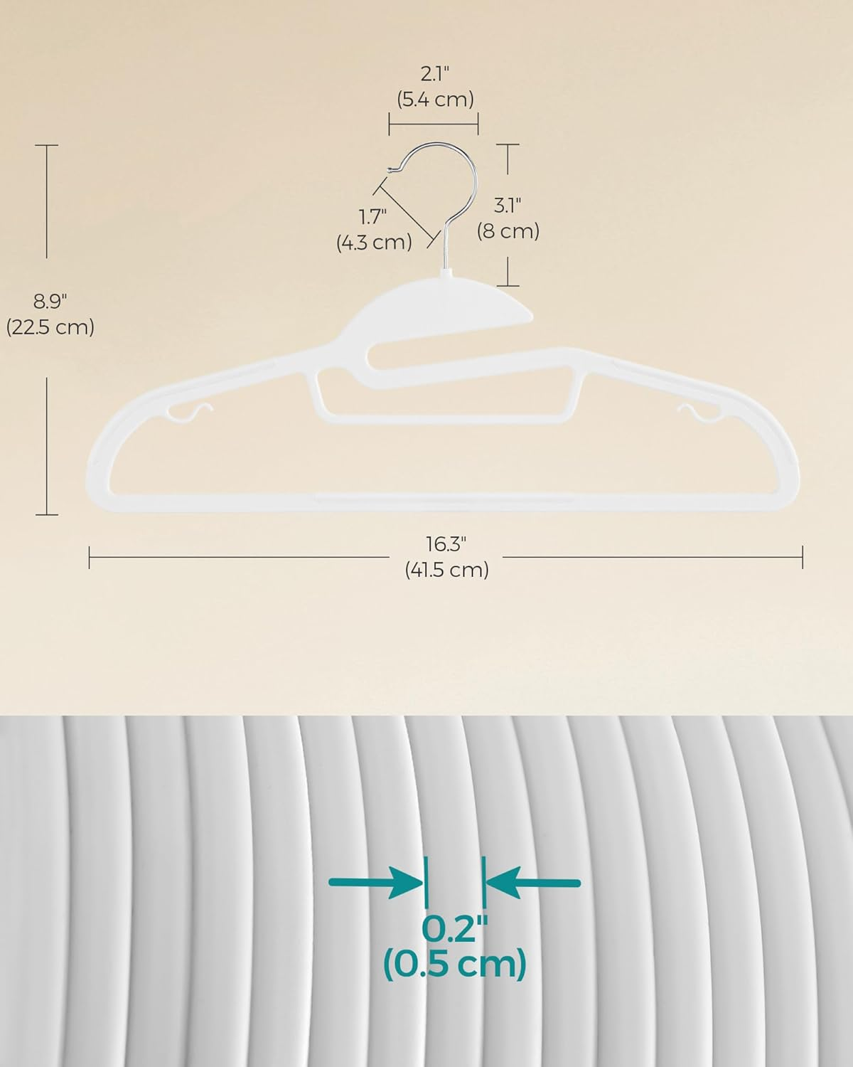 SONGMICS 50 Pack Coat Hangers, Heavy-Duty Plastic Suit Hangers, S-Shaped Opening, Space-Saving, 360&ordm; Swivel Hook, 16.3 Inches Wide, Cloud White UCRP41W50
