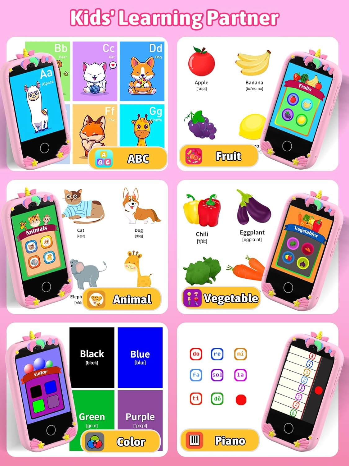 Mgaolo Kids Phone Smartphone Toy, 2.8" Touchscreen Smart Phone, Toddler Educational Learning Gift for Boys Girls Age 3-8, Games, Dual Cameras, Music Video Player, Christmas Birthday Present (Pink) - Green image number 7