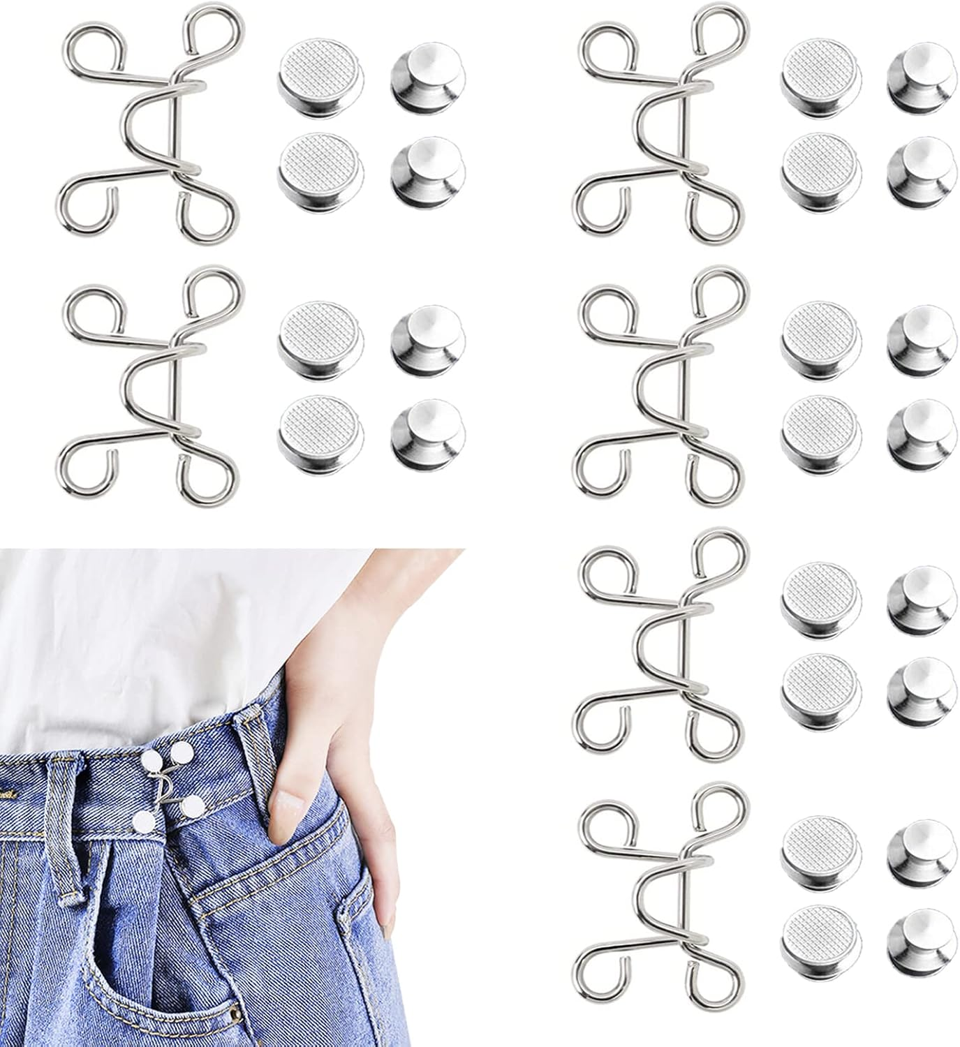 8 Set Pant Waist Tightener, Adjustable Waist Buckle Set, Jean Buttons Pins, No Sewing Required, Jeans Button Replacement Pant Clips for Women Skirt Pant Jeans（White Black Pearl）