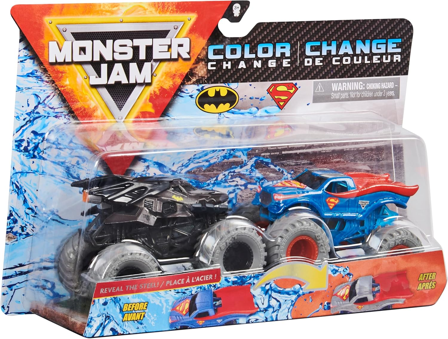 Monster Jam 2020 "Reveal the Steel Color Change 1:64 Scale Diecast 2-Pack: Batman and Superman image number 3