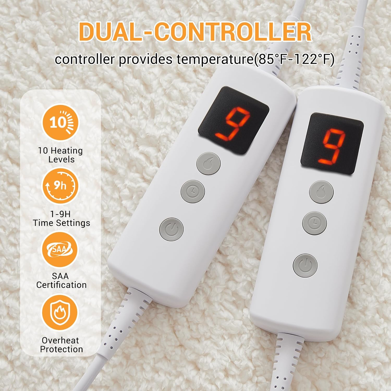 Dual Control Electric Blanket Queen, Faux Sherpa Fleece 350GSM Heated under Blanket with 10 Heating Levels & 9 Time Settings, Fully Fitted Electric Mattress Pad, Overheat Protection, Machine Washable image number 4