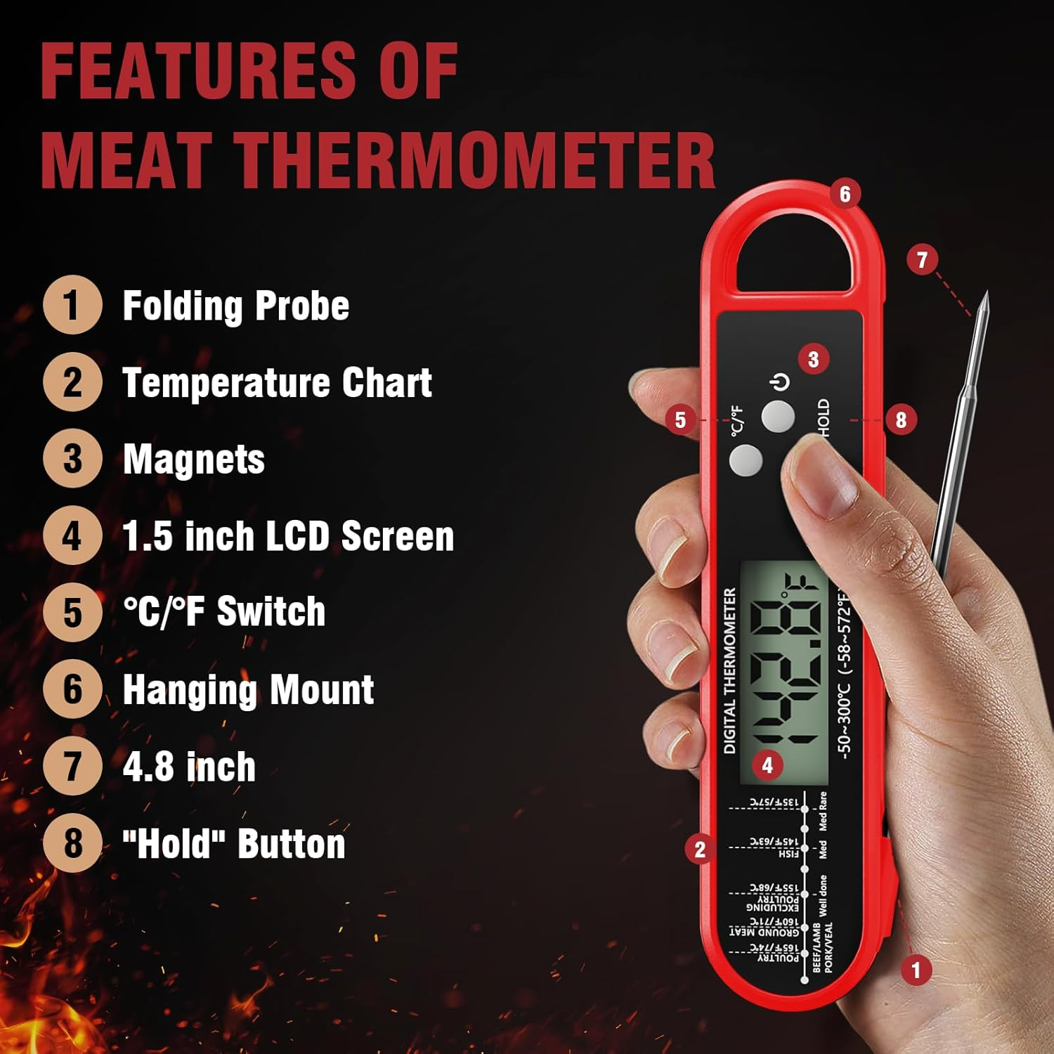 Instant Read Meat Thermometer Digital - Fast 4S Reading, -58&deg;F to 572&deg;F Cooking Food Thermometer with Auto-Rotate Display for Kitchen, BBQ, Grilling (Red) image number 6