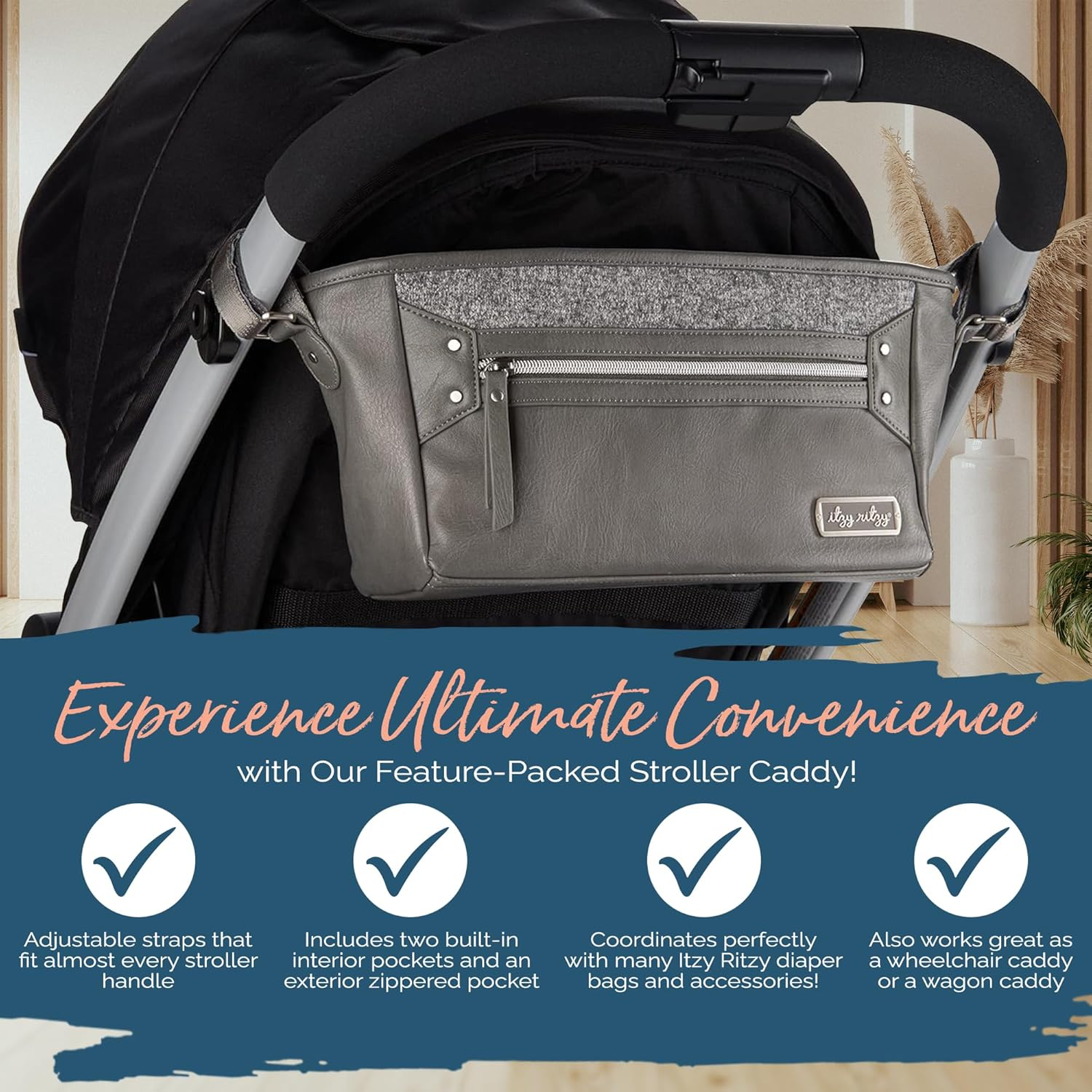 Itzy Ritzy Adjustable Stroller Caddy, Stroller Organizer Featuring Two Built-In Pockets, Front Zippered Pocket and Adjustable Straps to Fit Nearly Any Stroller, Grayson