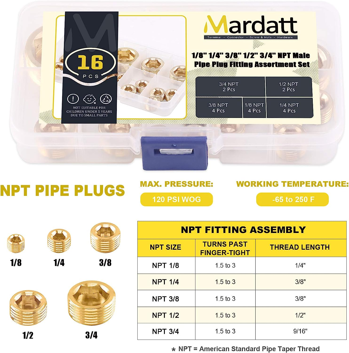 16Pcs 5 Sizes Brass NPT Plug Assortment Kit, 1/8" 1/4" 3/8" 1/2" 3/4" Internal Hex Counter Sunk Pipe Fitting Male Thread Pipe Plug Set image number 6