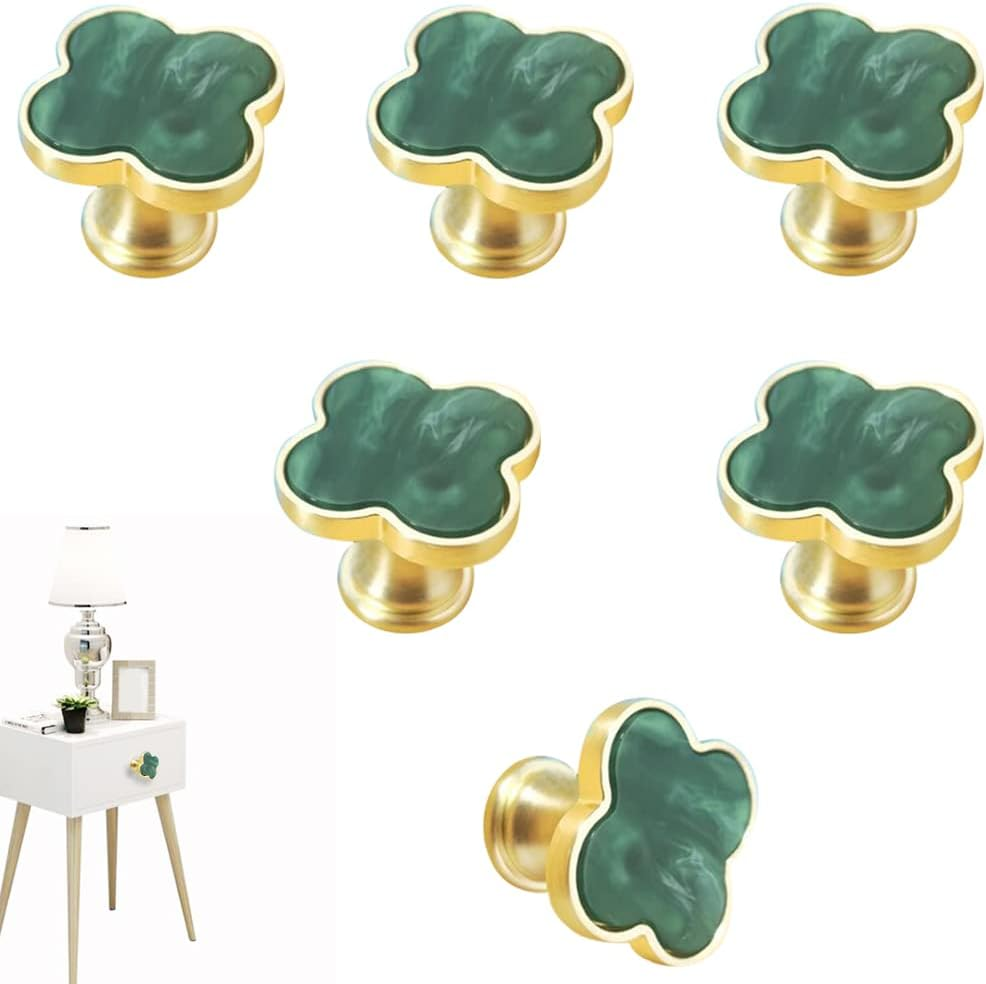 CPELLESSE 6 Pcs Clover Knobs Four-Leaf Handle Creative Cabinet Drawer Pulls Gold for Dresser Wardrobe Zinc Alloy Single Hole Door Handle(White)