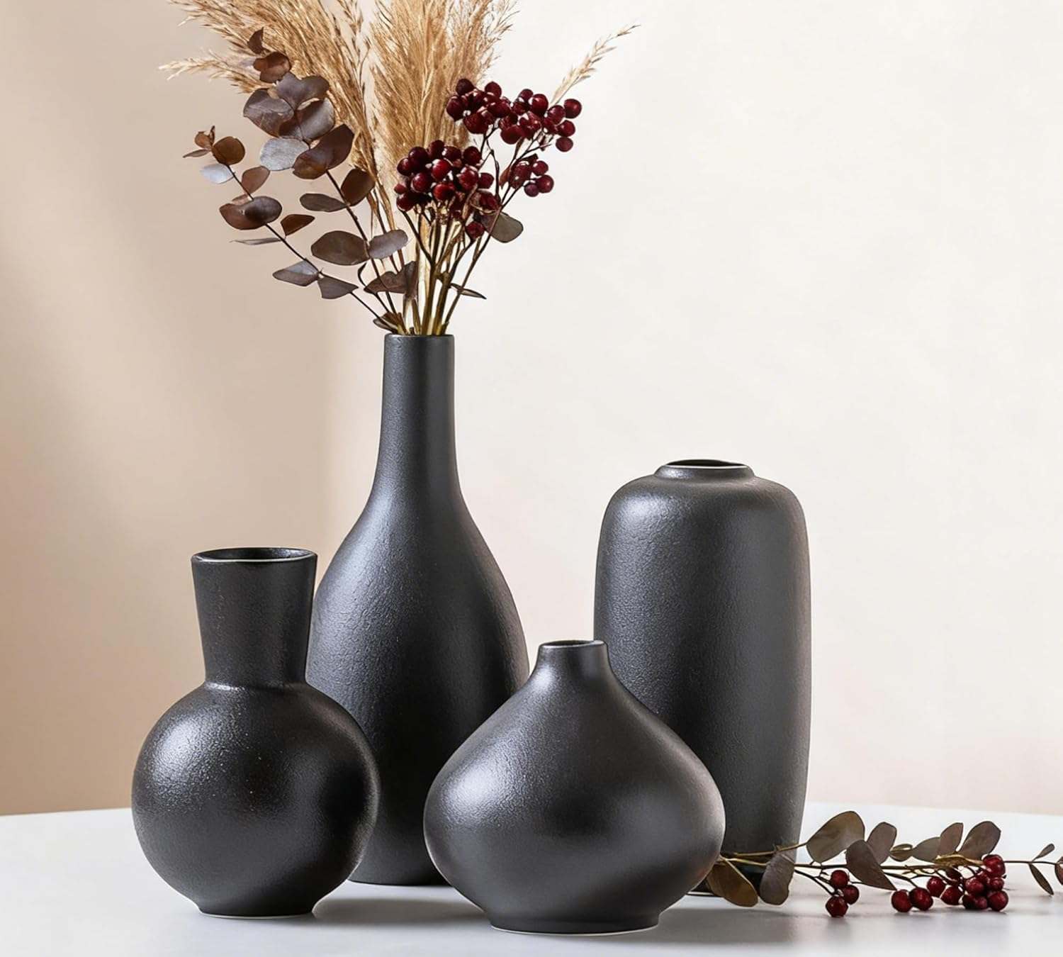 VASETOPIA Beige Vase Set of 4, Elegant Ceramic Flower Vase Minimalist Boho Home Decorations for Living Room, Table, Gifts (09 Beige)