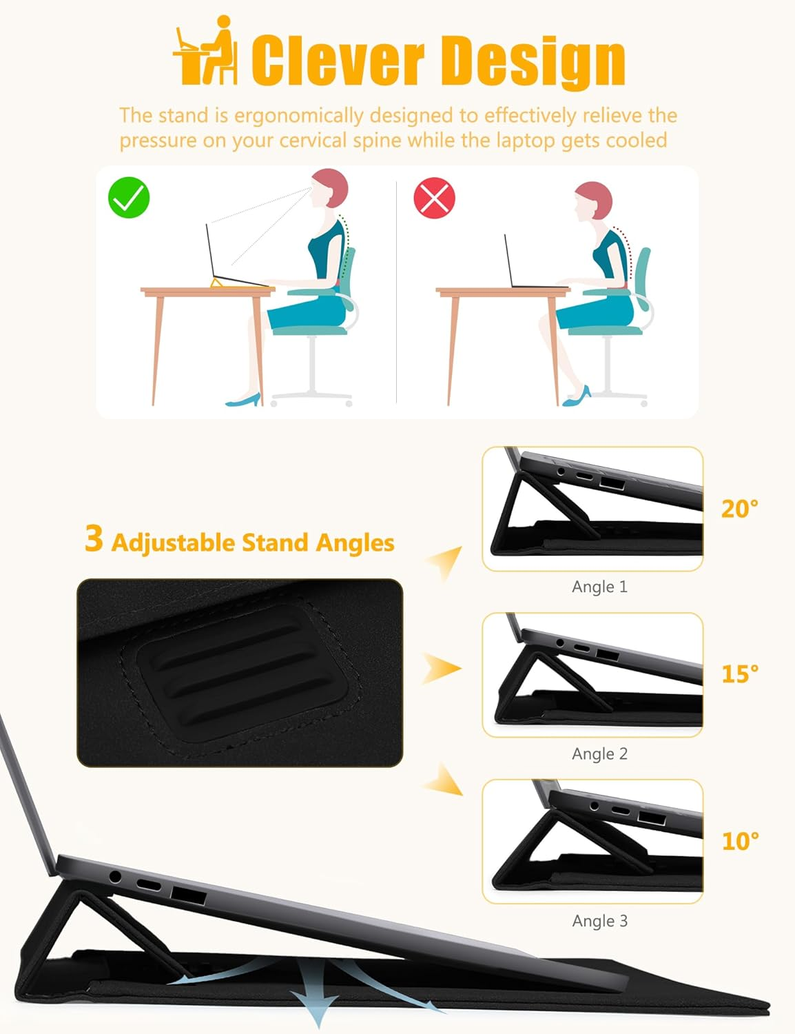 HYZUO 15 Inch Laptop Sleeve with Adjustable Stand Feature for Macbook Air 15 M4 A3241 M3 A3114 M2 A2941 2025-2023, Macbook Pro 15, 15" Surface Laptop 7/6/5/4, with Carrying Pouch, Black image number 4