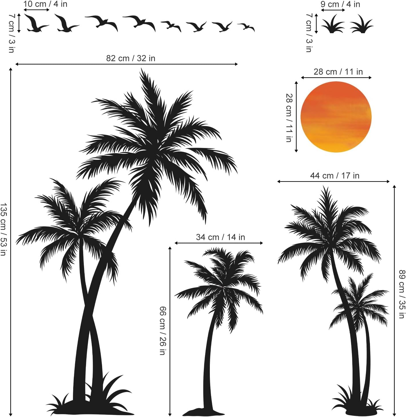 Wondever Large Black Palm Tree Wall Stickers Tropical Tree Plants Birds Peel and Stick Wall Art Decals for Living Room Bedroom TV Background (H: 53 Inch) image number 6