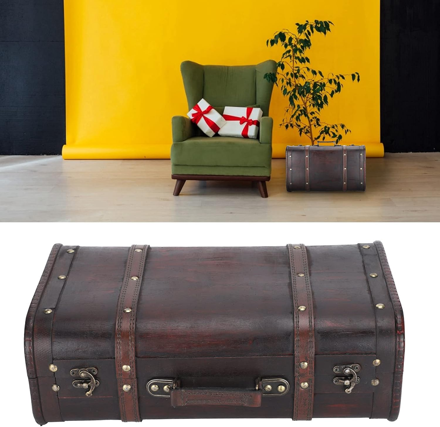 Plplaaoo Retro Suitcase,Vintage Suitcase,Vintage Wooden Suitcase - Retro Antique Style Double-Layer Photography Props Craft Decoration Box Ornament image number 5