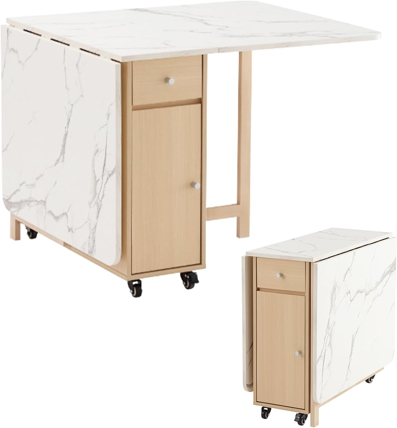 Foldable Dining Table, Space Saving Dining Table Extendable, Folding Dining Table with Storage and Wheels 2-Layers, Versatile Drop Leaf Table Modern for Living Room, Kitchen, RV Campers (Marble Wood)
