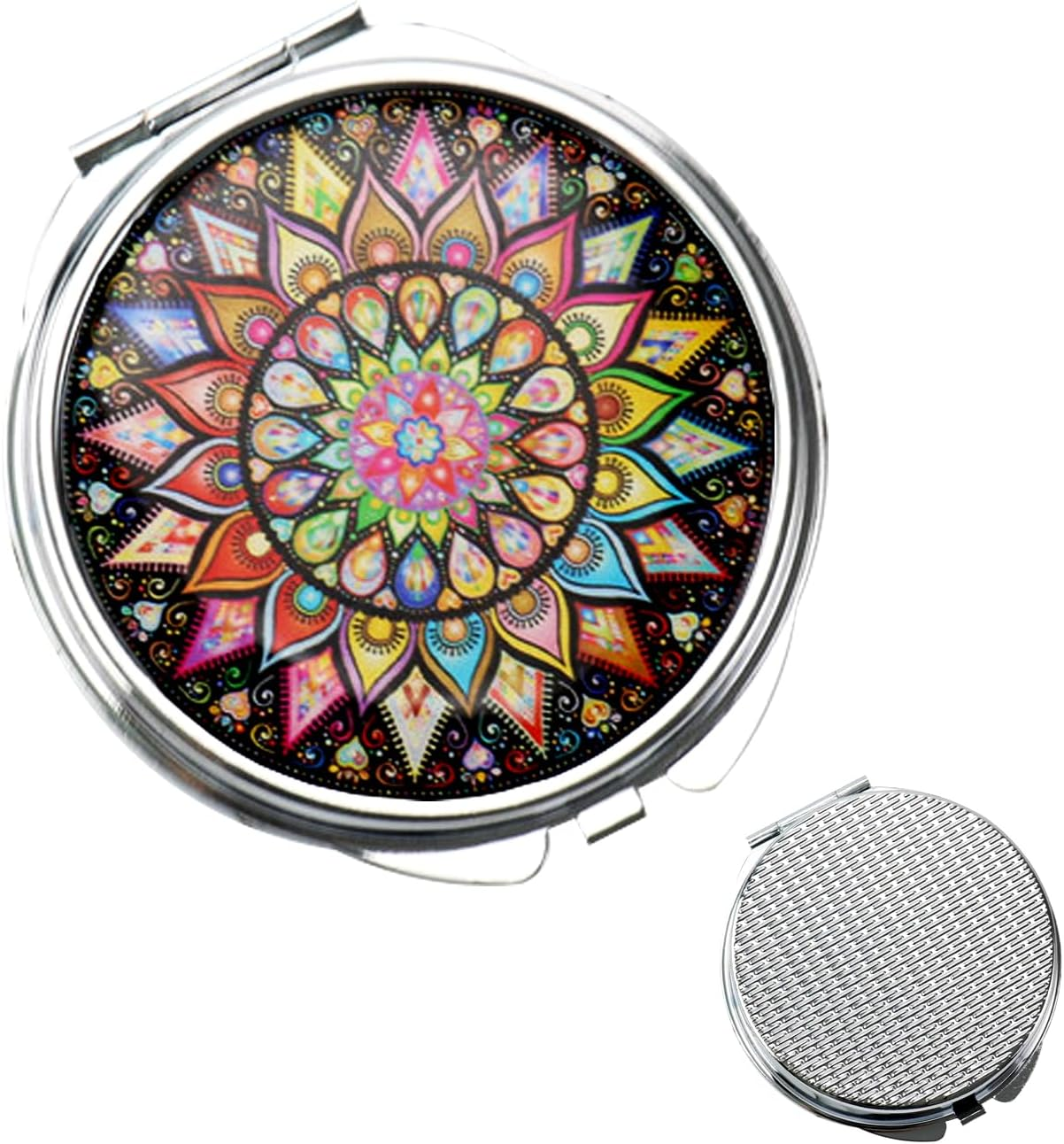 Pill Box Organiser Round, Metal Pill Holder 3 Compartment, Small Portable Pill Case for Travel Pocket Purse, Daily Pill Container with Mirror, Gift Choice (Sun&Moon)