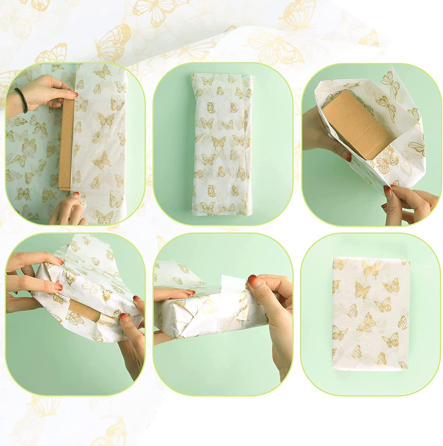 KINBOM 30Pcs 14X20Inch Golden Butterfly Tissue Paper Sheets, Gold Wrapping Tissue Paper Bulk for Packaging for Christmas Wedding Birthday Party Baby Showers DIY Crafts Arts (White Background) image number 2