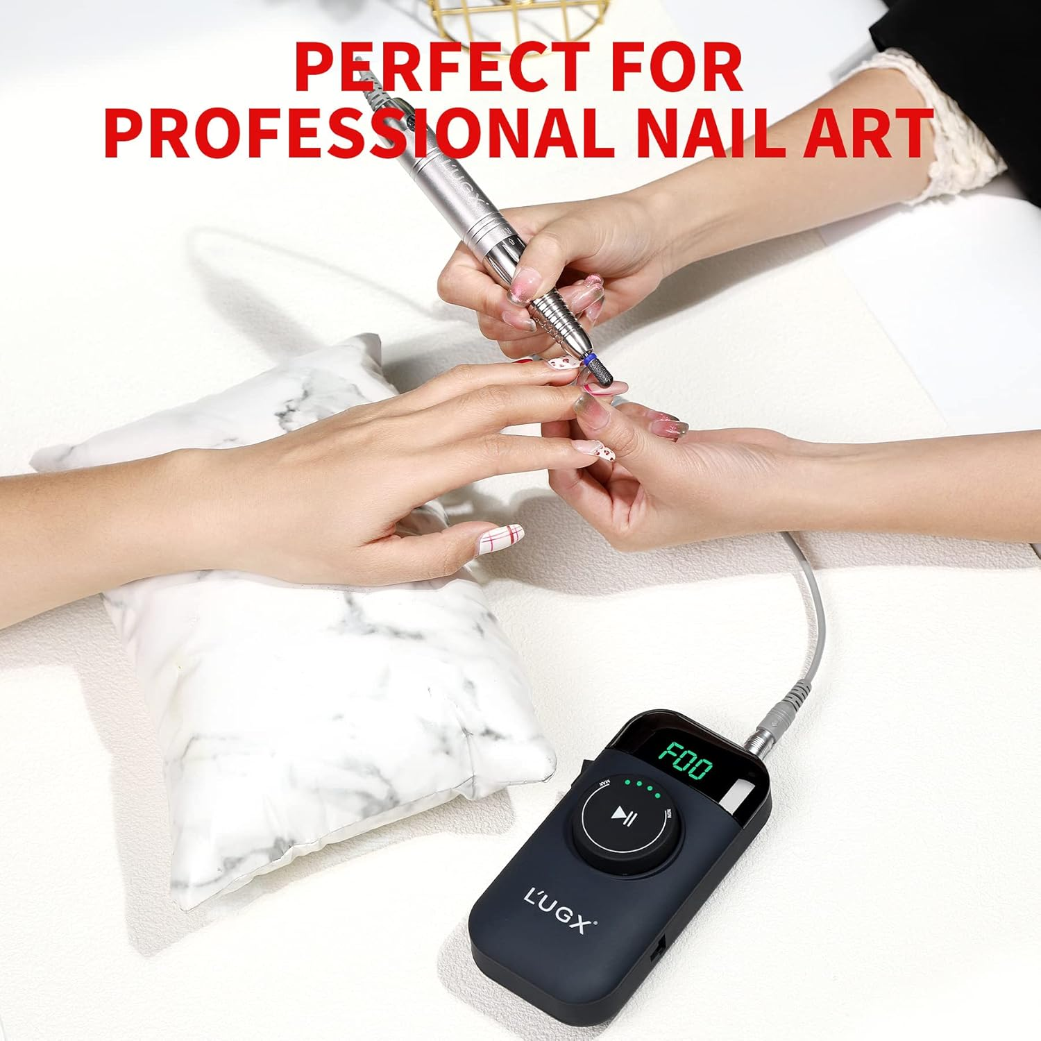 L'UGX Professional Brushless Nail Drill Machine, 35000RPM Rechargeable Cordless Nail Drill, Portable Electrical File for Acrylic, Gel, Manicure Pedicure, Perfect for Home and Salon Use image number 3