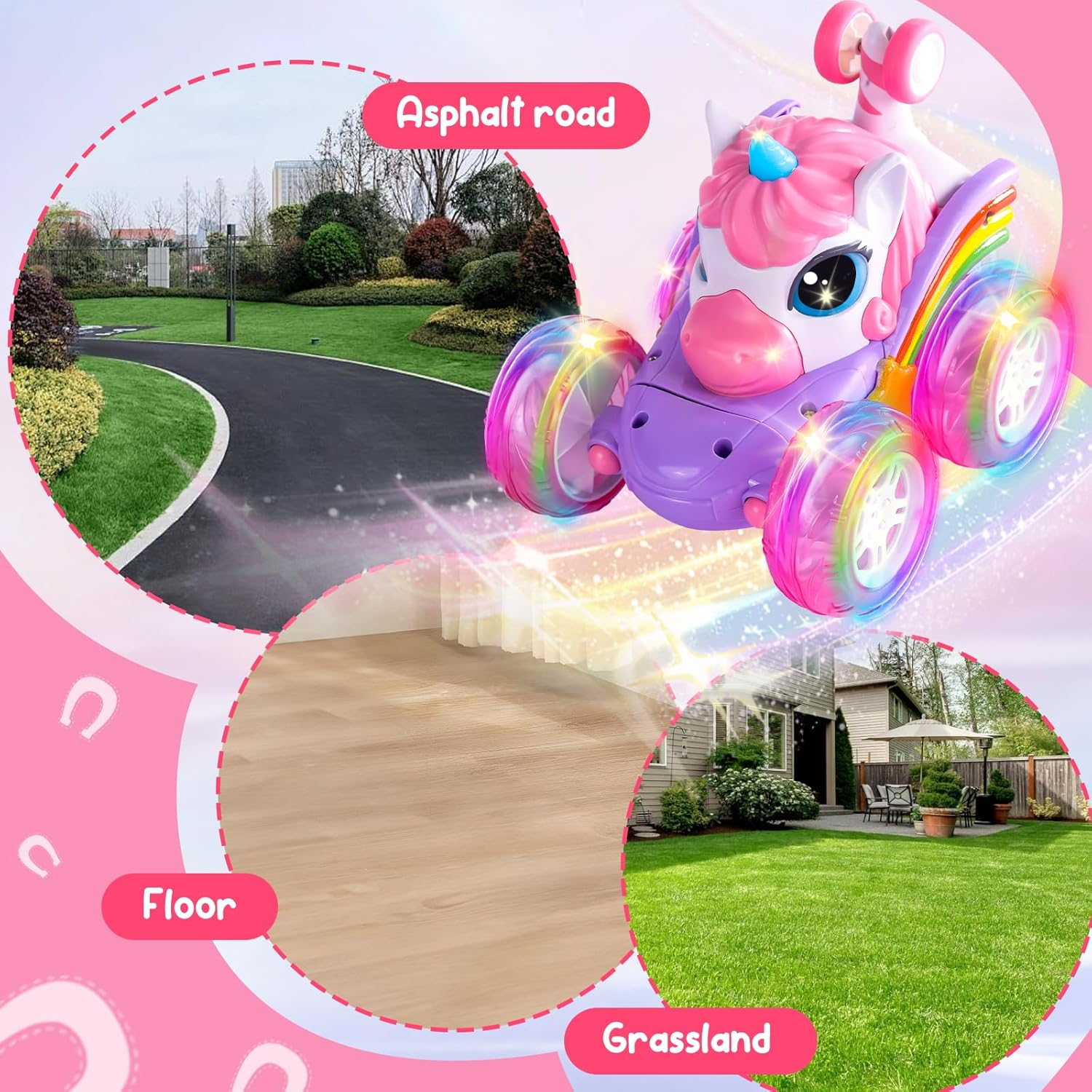 LOYOBOHO Remote Control Car for Girls, Pink 360&deg; Rotating 4WD Stunt RC Cars with Cute Cool LED Lights, 2.4Ghz Toy Car USB Direct Charging RC Cars Birthday Gifts for Kids Girl Age 3-6 7-9 image number 1