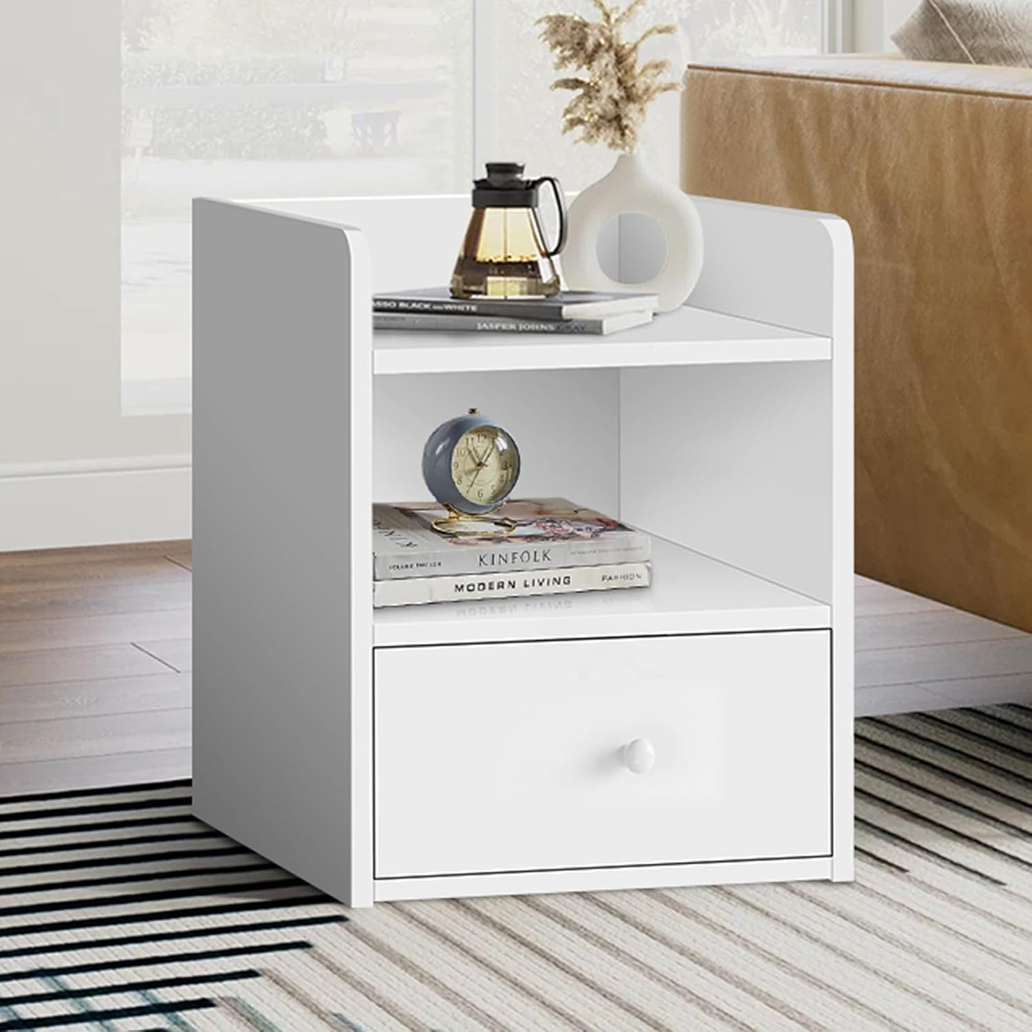 ALFORDSON Hamptons Bedside Table, 37.5Wx 34Dx 45Hcm, Bedroom Nightstand Cabinet, Wooden Sofa Side Chest End Table with Ample Drawer, Open Shelf, Hallway, Living Room Storage Furniture, Wood White