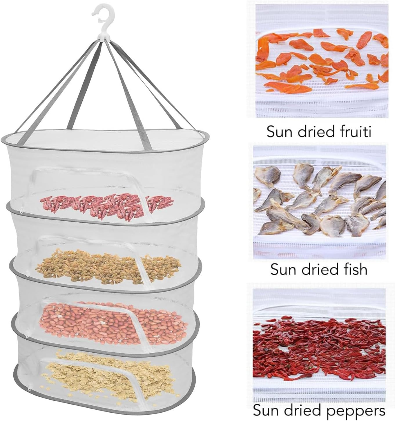 Herb Drying Rack, 4 Layers Hanging Mesh Net with Zipper, Rack Netmesh Hanging Dryer, Closure Foldable Mesh Drying Rack for Clothes Toys Vegetables Fruits Fish (White) image number 1