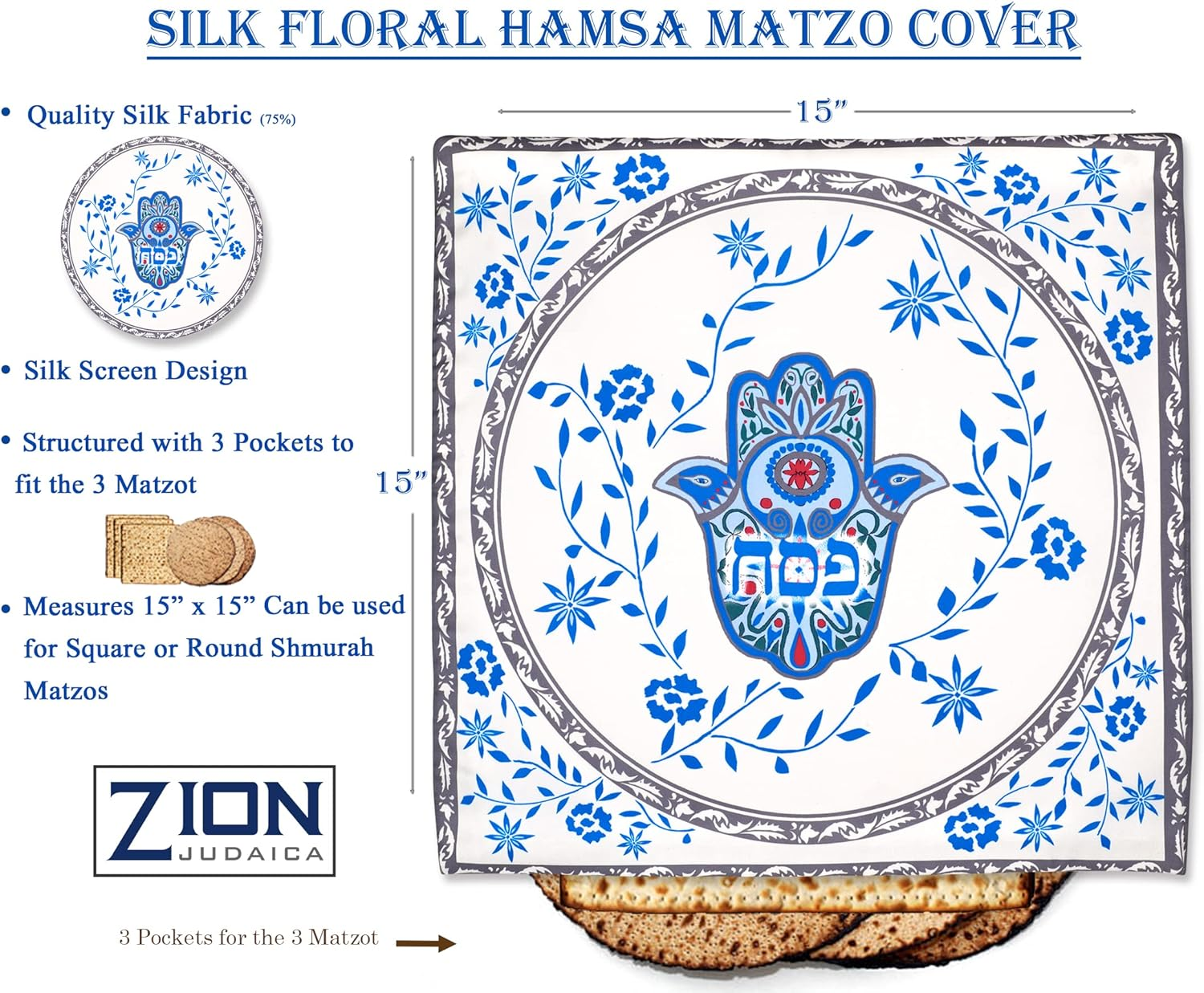 Stunning Silk Passover Seder Matzah Cover Floral Hamsa Design with 3 Pockets for the 3 Matzos - Fits round Shmurah Matzo or Square Matzot Pesach Table Essential Decorations image number 3