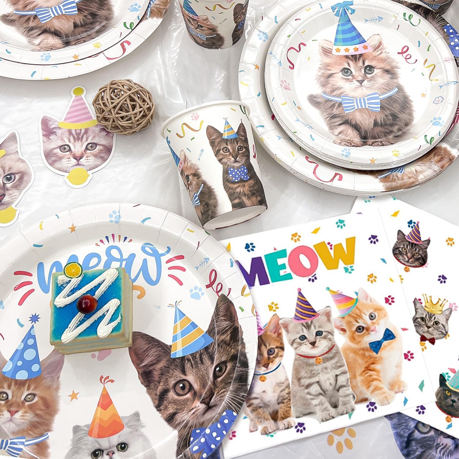 Cat Birthday Party Supplies, 16 Guests Cat Birthday Decorations Tableware Set, Kitten Party Plates Napkins Tablecloth Banner Balloons Etc