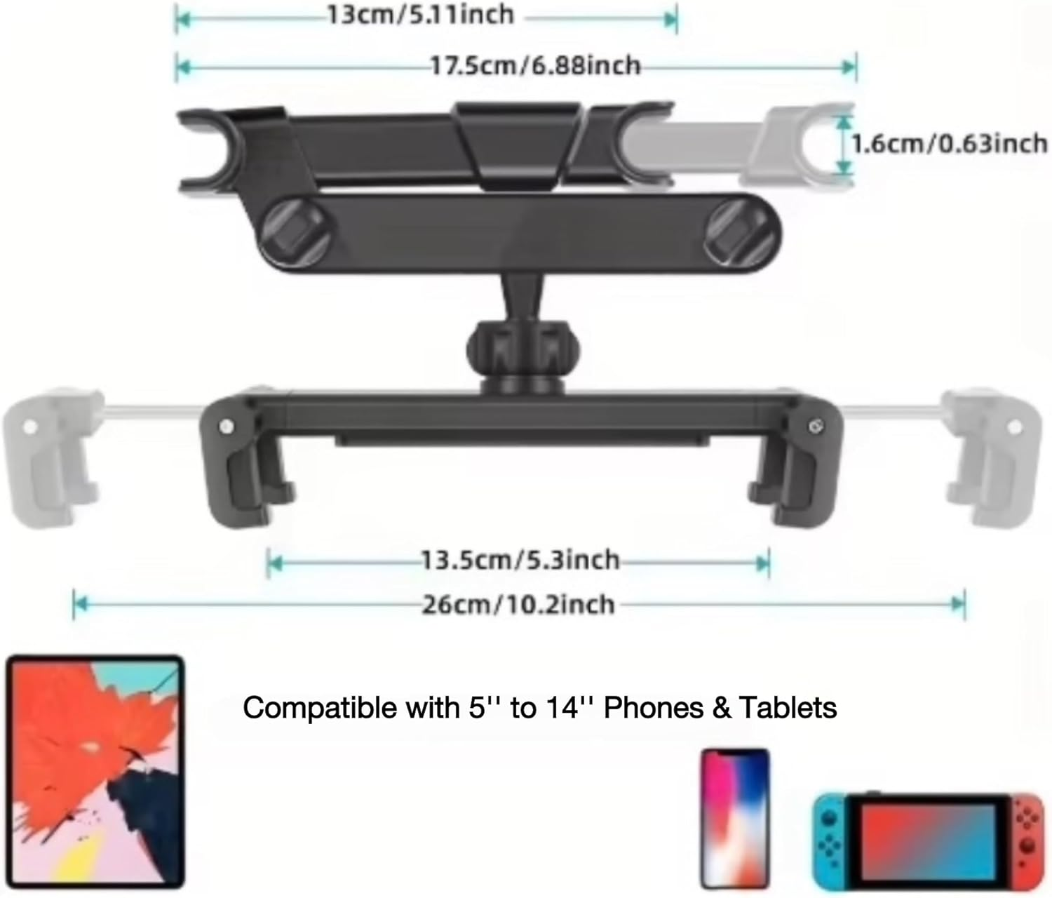 Mogico Rear Seat Phone and Tablet Holder, Universal Device Mount, Headrest Mounting, Adjustable Telescopic Design image number 2