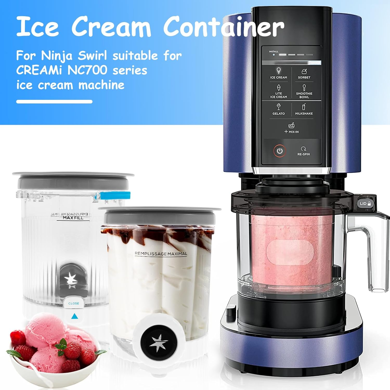 2 Pack Ice Cream Tubs for NC700 Series Swirl 500ML Reusable Ice Cream Storage Cup with Lid and Spoon Dishwasher Safe for Kitchen Homemade Icecream (Grey, 2Pack) image number 1