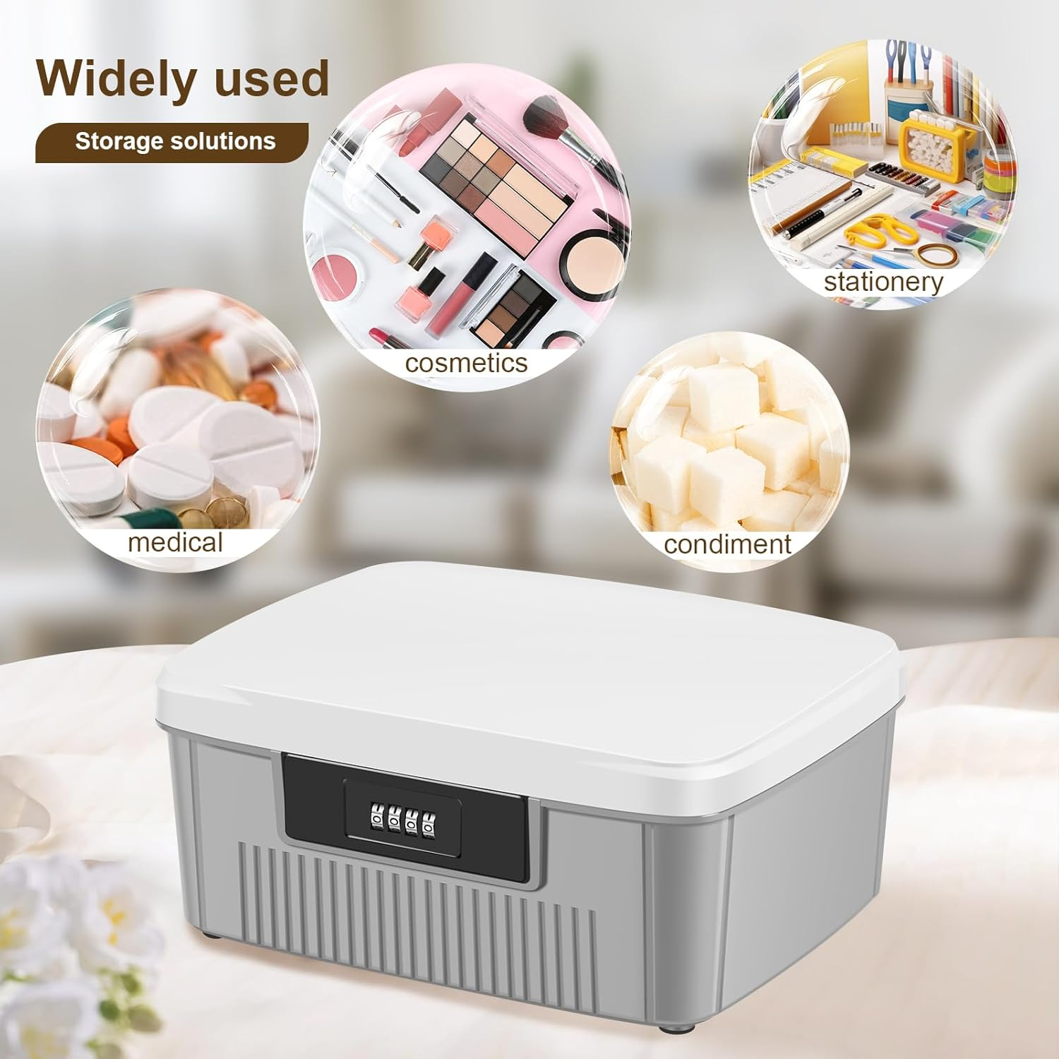 Lockable Storage Container, 6L Robust Organizer Document and ID Box with Combination Lock Design, Double Layer Password Storage Locking Box with Built in Removable Tray for Office (White)