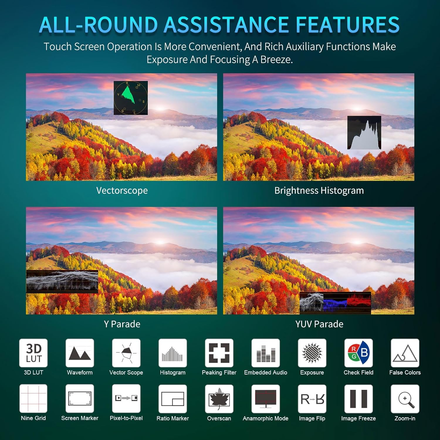 FEELWORLD H5 5.5 Inch 1200Nit 12G-SDI Touchscreen Camera Field DSLR Monitor 3D LUT Out Waveform HDR image number 5