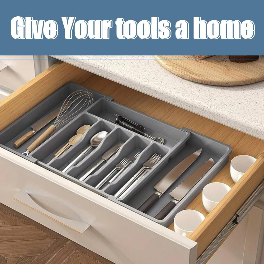 Silverware Drawer Organizer，Adjustable Cutlery Storage,Flatware and Cutlery Holder with 8 Compartments，Expandable Kitchen Drawer Organiser，For Spoons Forks Knives image number 4