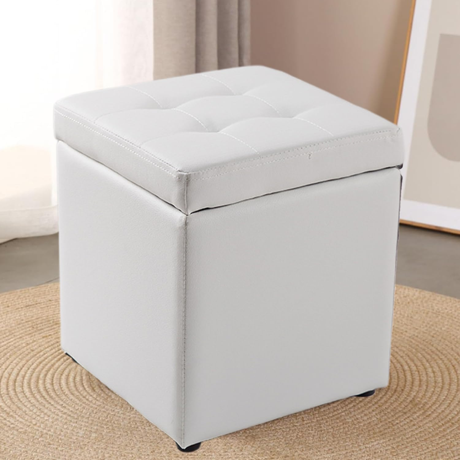 Uandhome Storage Ottoman Cube Storage Box,Multipurpose Foot Stool PU Faux Leather,Small Square Ottoman Shoe Bench with Padded Seat for Living Room Bedroom Dorm (White)