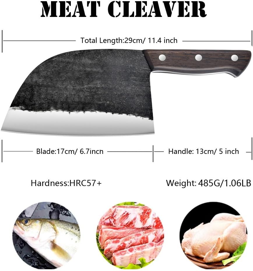 Serbian Chefs Knife 6.7 Inch Full Tang,Forging Kitchen Knives,Wood Handle Set with Leather Sheath Chef Butcher Knife Outdoor Meat Vegetable Cleaver for Family, BBQ or Camping image number 4