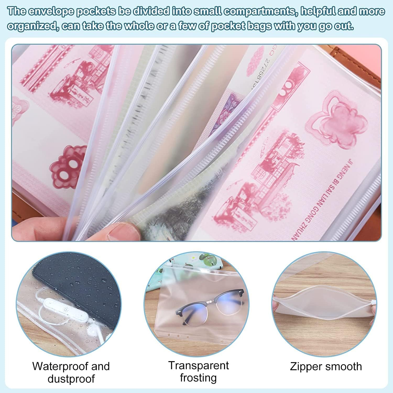 Budget Binder with Cash Envelopes for Budgeting, A6 Size, 12Pcs Budget Planner, Zipper Envelopes (Blue-White)